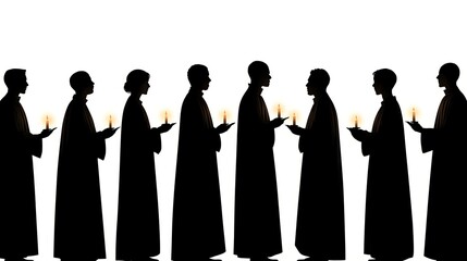 Silhouettes of people in robes holding candles against a white background in a solemn procession