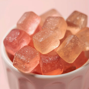 Macro close-up of pastel colored vitamin gummies with dew drops in white bowl