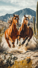 Powerful desert stallions charge and collide near cacti 32k, full ultra hd, high resolution