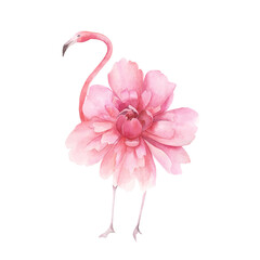 Watercolor single flamingo with flower. Hand drawn isolated illustration on white background