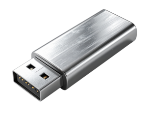 Silver USB Flash Drive with Cap Attached, Front Angle View, Realistic PNG