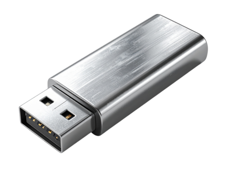 Silver USB Flash Drive with Cap Attached, Front Angle View, Realistic PNG