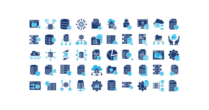 Data management solid icon set collection. Containing organization, database, server, computing, performance, report, management.Solid vector icons collection