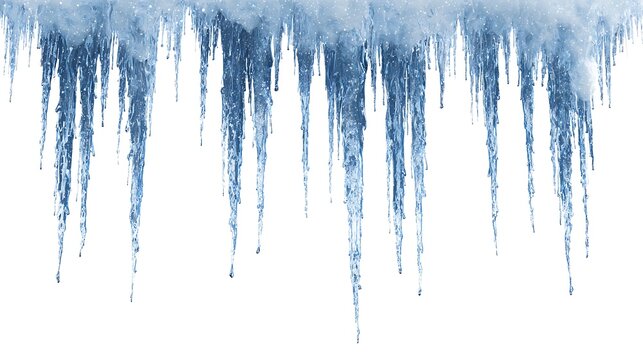 A close up view of many icicles hanging down with a white background in a winter scene setting