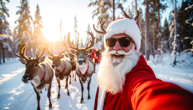 Santa Claus taking a fun selfie with a cool reindeer wearing sunglasses in a snowy winter landscape, creating a joyful and playful Christmas holiday scene.