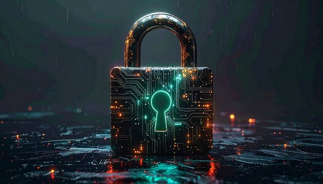 Illuminated digital padlock with intricate circuit patterns on a reflective surface, under rain