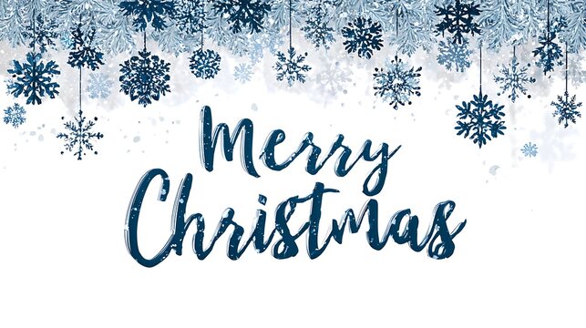 Merry christmas text with blue snowflakes hanging from above on a white background for the holidays