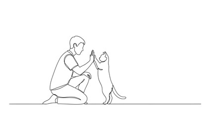 One Continuous Line Drawing of Man Kneeling and High-Fiving a Domestic Cat. Pet Ownership, Friendship, and Human-Animal Connection Concept Vector Illustration.