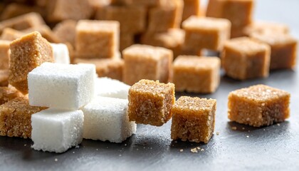 Pile of white and brown sugar cubes. Texture contrasts with the dark, subtly textured, blurry background