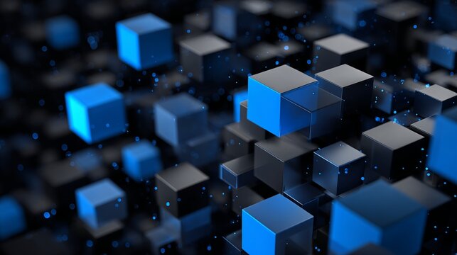 Dynamic abstract 3D cubes create a modern tech feel ideal for blockchain, artificial intelligence, or futuristic business concepts