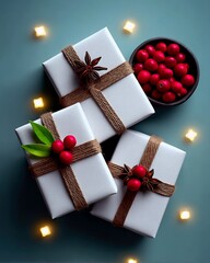 Three white gift boxes are arranged on a teal background, tied with rustic twine and adorned with festive decorations like star anise and red berries.