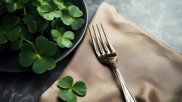 A close-up view of a table setting featuring a fork and a napkin embellished with clovers, set against a backdrop of a wooden bowl filled with clovers on a marble surface.