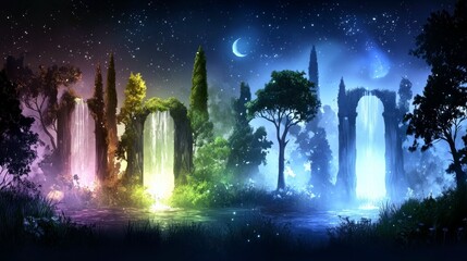 A mystical night scene featuring waterfalls flowing through ancient ruins, surrounded by lush trees and a starry sky.