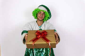 An elf is presenting a Christmas gift