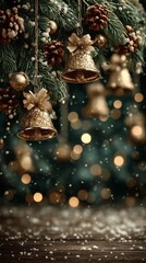 Golden Christmas bells with pine branches and snowflakes on rustic wooden background creating elegant festive holiday atmosphere for warm cozy winter design