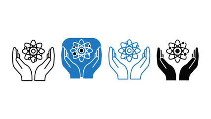 Hands Holding Atom Model Icon Set. Vector Illustration of Science, Research, Technology, and Innovation Symbolism in Outline and Solid Styles