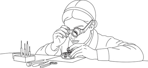 Watchmaker Repairing Mechanical Watch with Magnifying Loupe - Precision Craft Line Art Illustration