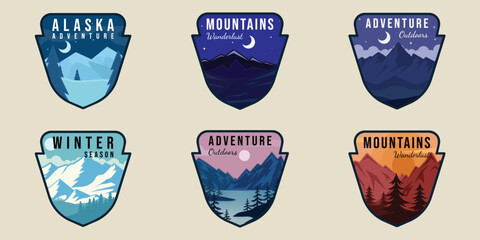 set of outdoor wildlife emblem logo vector illustration template icon graphic design. bundle collection of various adventure mountain forest winter sign or symbol for business travel