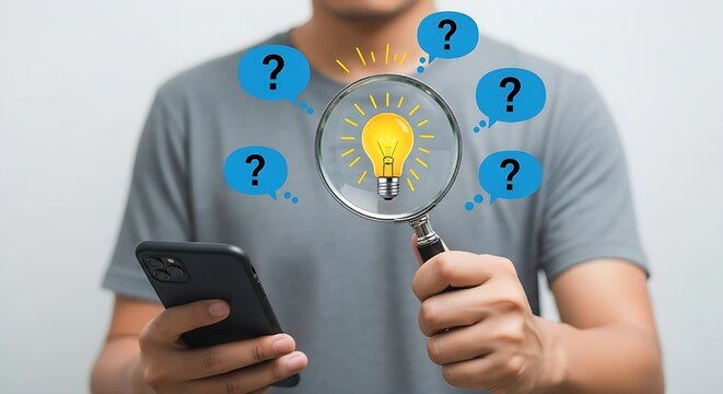 A man holding a magnifying glass over a light bulb while using a smartphone, surrounded by question marks, symbolizing the search for ideas, solutions, and answers in the digital age - Powered by Adobe