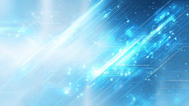 Dynamic digital circuit board with glowing blue light and interconnected lines representing data flow and innovation