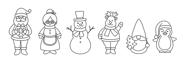 Hand drawn winter Christmas characters outline, children's coloring pages and templates. 
Collection of Santa Claus, Mrs. Claus,snowman,reindeer, gnome,penguin.