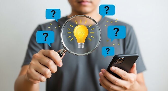 A man holding a magnifying glass over a light bulb while using a smartphone, surrounded by question marks, symbolizing the search for ideas, solutions, and answers in the digital age