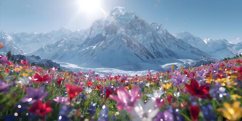 Fototapeta premium Sparkling field of multi colored crystal flowers before majestic mountain iceberg. stunning and vibrant visuals convey calming yet beautiful and magical energy