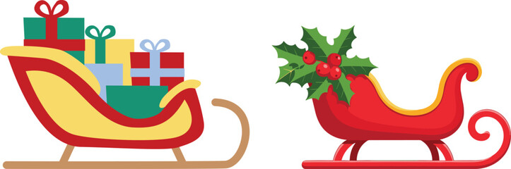 Fototapeta premium Santa Claus riding sleigh with reindeer, flying Christmas silhouette illustration, festive holiday scene, winter Christmas vector art, traditional Santa sleigh