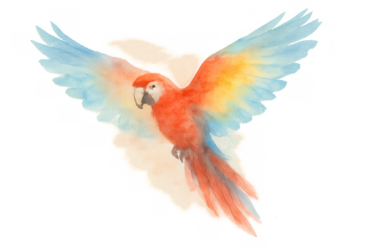 Flying parrot watercolor painting spreading wings illustrating freedom and tropical vibrant beauty on transparent background