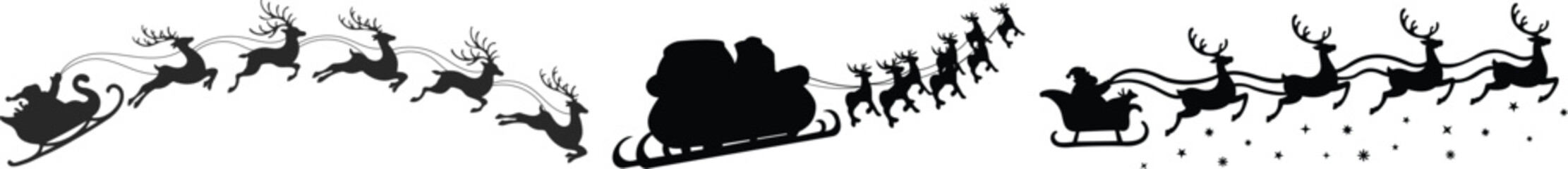 Santa Claus riding sleigh with reindeer, flying Christmas silhouette illustration, festive holiday scene, winter Christmas vector art, traditional Santa sleigh