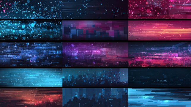 Dynamic abstract digital cityscapes glow with vibrant neon lights and data streams, creating a futuristic, high-tech atmosphere for modern designs.