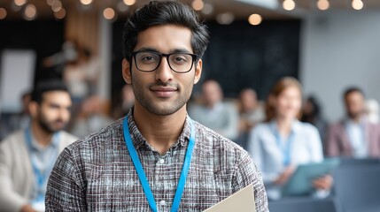 Confident young professional with glasses smiling warmly in a modern conference room during a presentation