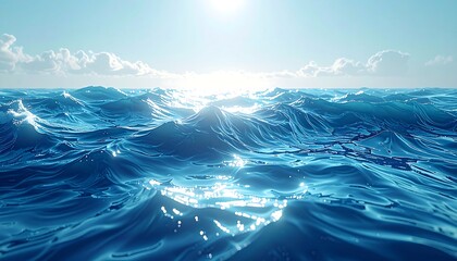 Open sea under a bright sun, deep blue waves rippling toward the viewer, with faint clouds near the horizon