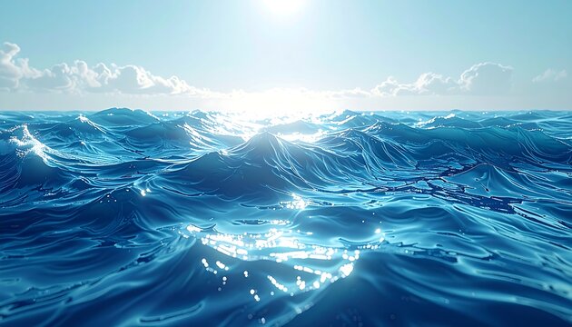 Open sea under a bright sun, deep blue waves rippling toward the viewer, with faint clouds near the horizon