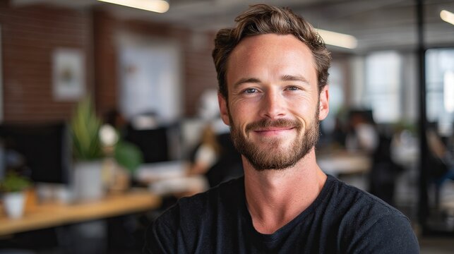 Confident and approachable young professional smiling in modern open office space ready to tackle new challenges and drive business growth