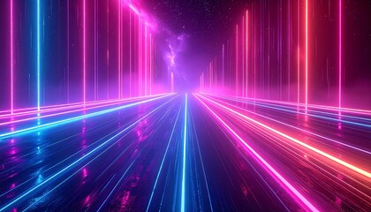 Neon cityscape Lines of blue and pink stretch to distant cosmic clouds above a reflective surface