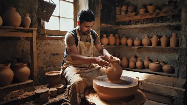 Artisan potter shaping clay on wheel in rustic workshop creating traditional earthenware vessels