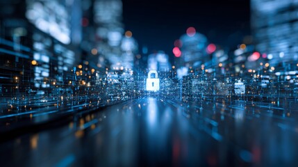 Secure digital network protects sensitive information with glowing padlock icon in modern city at night shining with vibrant data streams