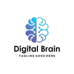 Modern Digital Brain with blue gradient circuit line network for Artificial intelligence AI machine learning or advanced technology logo design