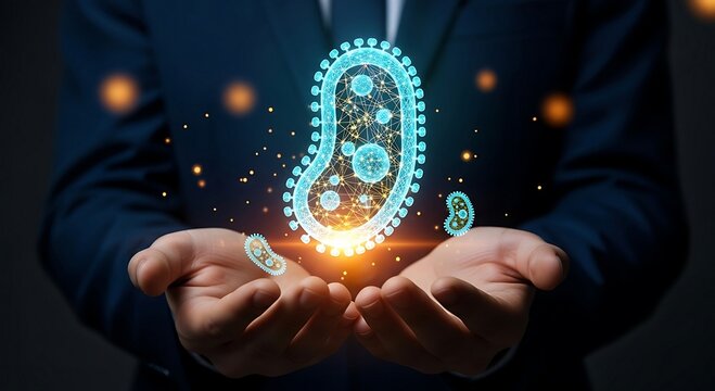 Businessman holding glowing microorganism representing scientific research and biotechnology. - Powered by Adobe