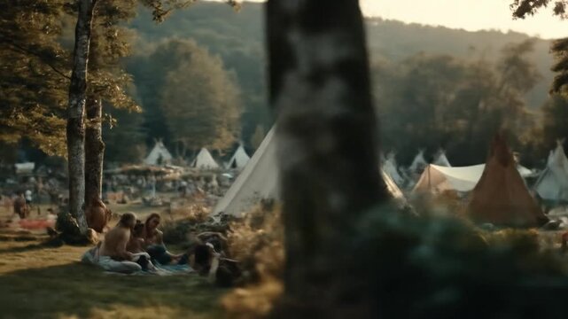 Tranquil campsite with teepees and people enjoying the outdoors