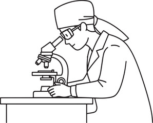 Scientist or Researcher Using Microscope in Laboratory - Line Art Illustration