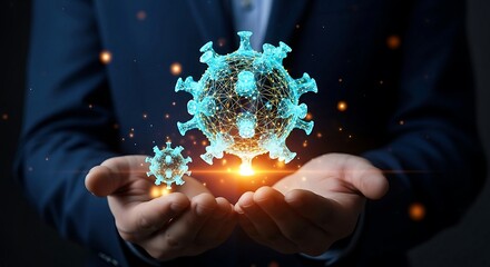 Businessman holding glowing digital coronavirus cells in hands, representing global health crisis and scientific research.