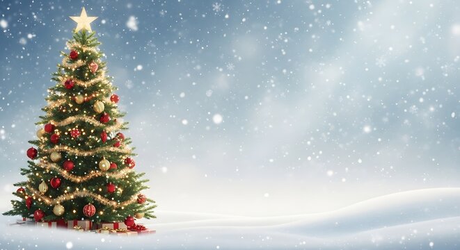 Beautifully decorated christmas tree glowing with warm lights in a snowy winter landscape under falling snowflakes