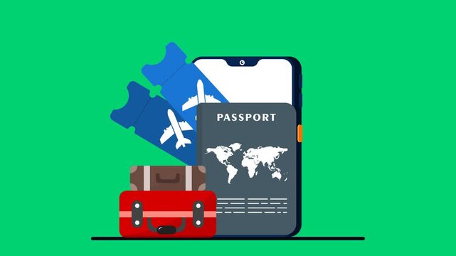 4k animation of online ticket booking and passport checked at green background.