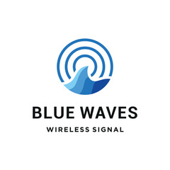 Modern ocean blue waves with concentric circles for wireless signal connectivity technology logo design