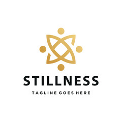 Golden initial letter S with abstract geometric interwoven symbol for modern wellness meditation or stillness mindfulness connection logo design