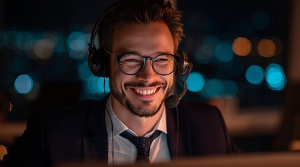 Friendly handsome call center agent offering support with headset late at night against a vibrant city skyline bokeh background