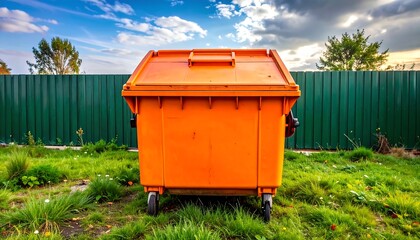 Orange dumpster with wheels in grassy yard before green fence with a partly cloudy sky