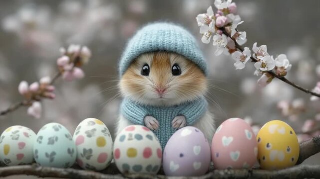 A charming hamster wearing a blue sweater and hat sits amidst colorful Easter eggs and blossoming spring flowers.